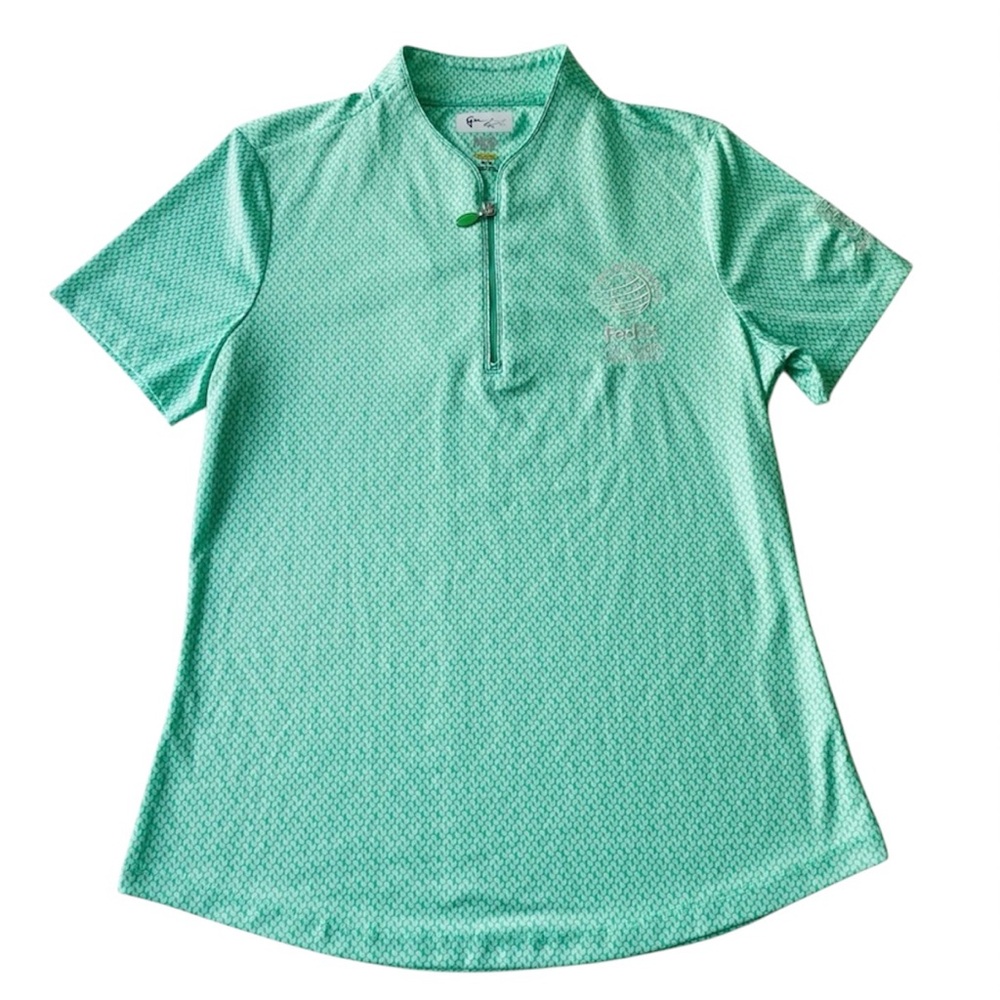 Green Paisley Pattern Golf Polo Shirt Greg Norman FedEx St. Jude Logos 1/4 Zip